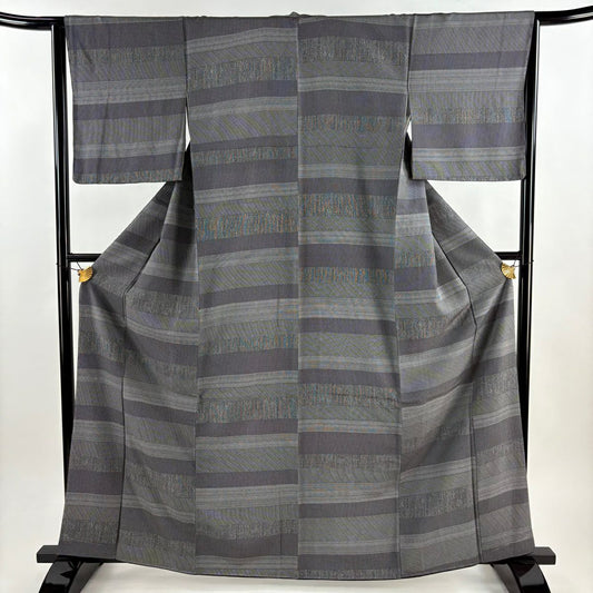 【美品】 小紋 身長164cm 袖長64cm M 雙層 橫段 鱗 墨色 純蠶絲 秀品級