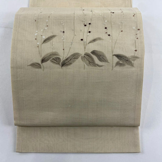 袋帶 秀品級 夏帶 紗 草花紋刺繡 米色 お太鼓圖案 純蠶絲