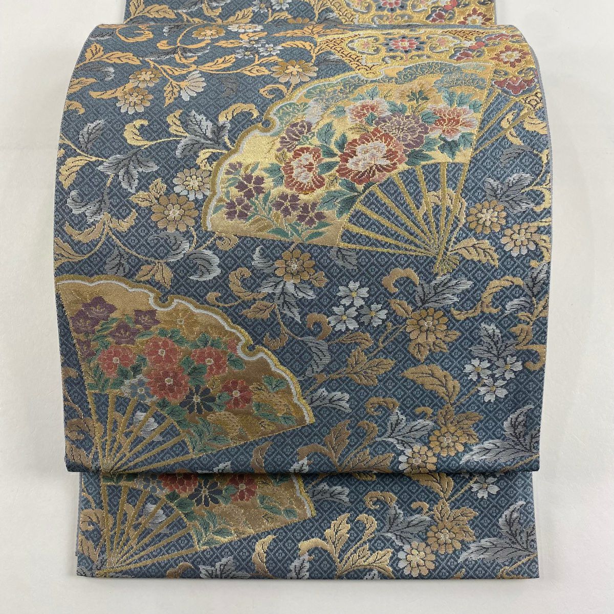 【美品】 袋帶 秀品級 扇子 草花紋 金金箔 青灰 深藍色 六通 純蠶絲