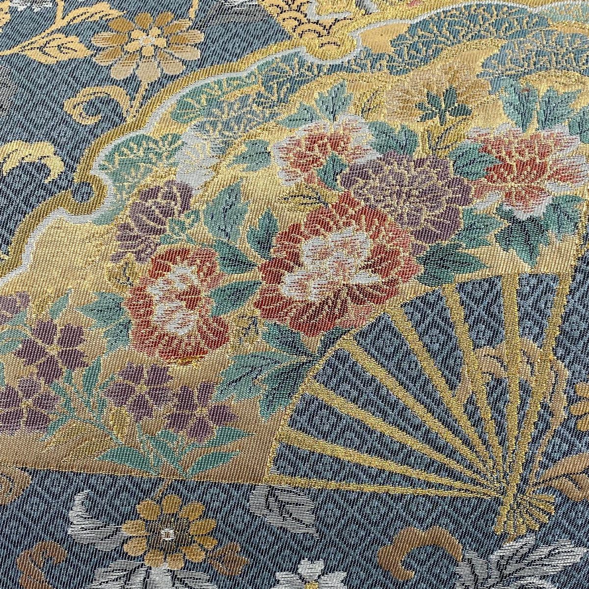 【美品】 袋帶 秀品級 扇子 草花紋 金金箔 青灰 深藍色 六通 純蠶絲