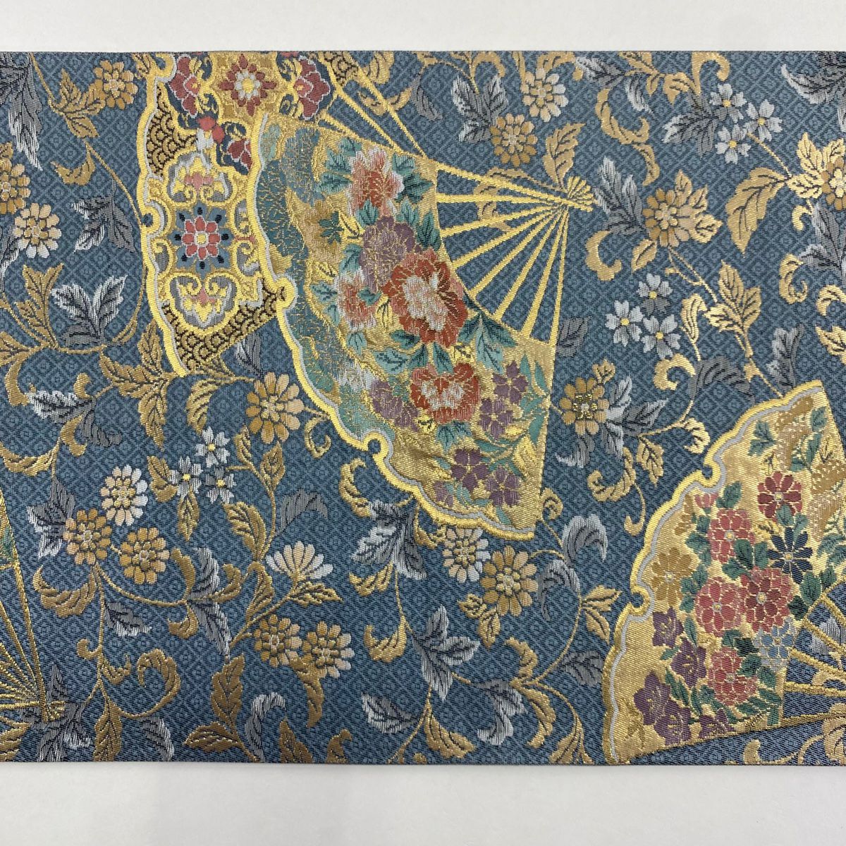 【美品】 袋帶 秀品級 扇子 草花紋 金金箔 青灰 深藍色 六通 純蠶絲