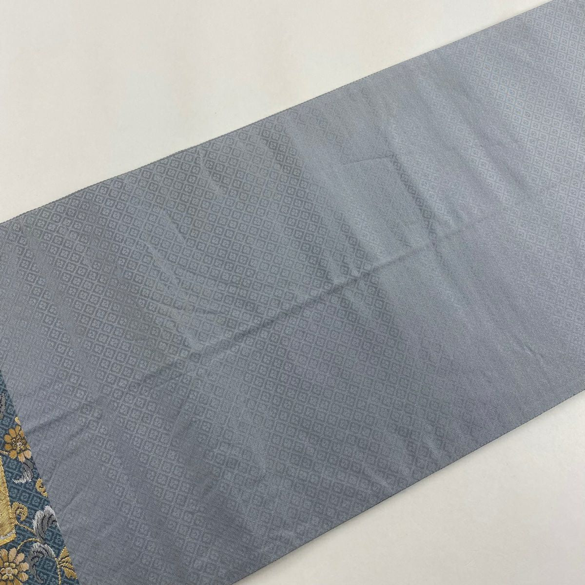 【美品】 袋帶 秀品級 扇子 草花紋 金金箔 青灰 深藍色 六通 純蠶絲