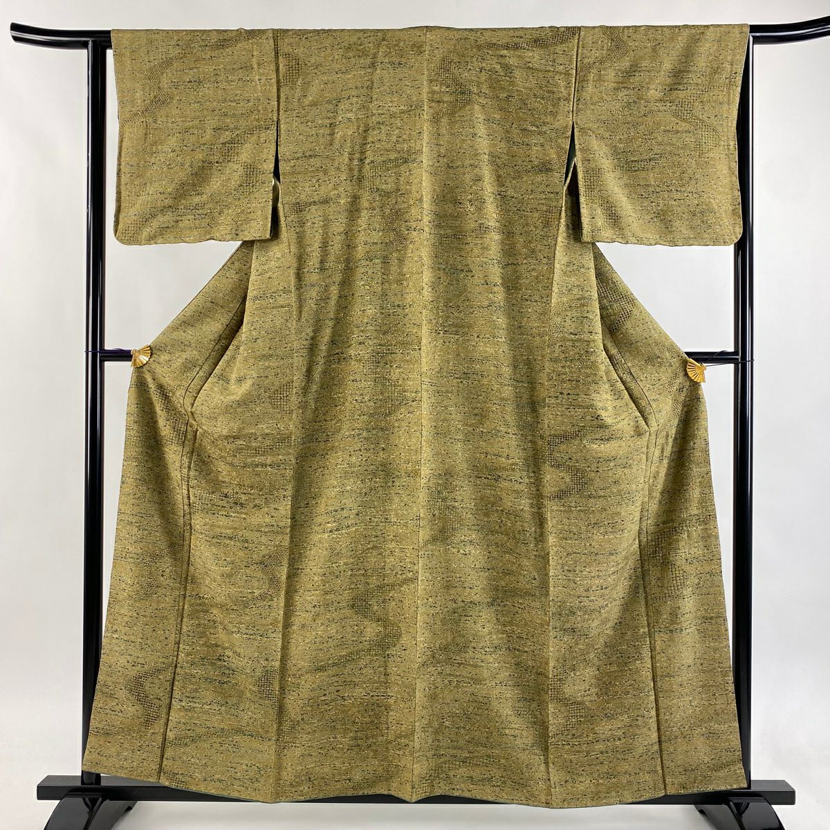 【美品】 小紋 身長158.5cm 袖長63cm S 雙層 霞 華紋 刺繡 茶綠 純蠶絲 逸品級