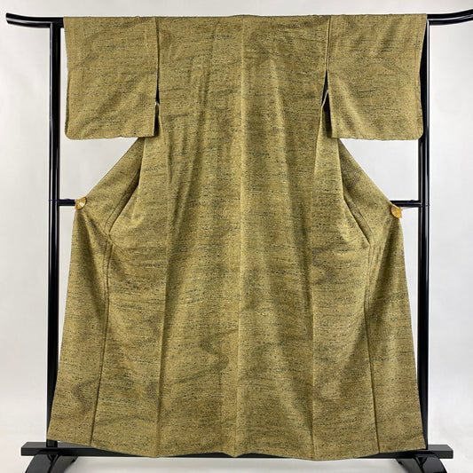 【美品】 小紋 身長158.5cm 袖長63cm S 雙層 霞 華紋 刺繡 茶綠 純蠶絲 逸品級