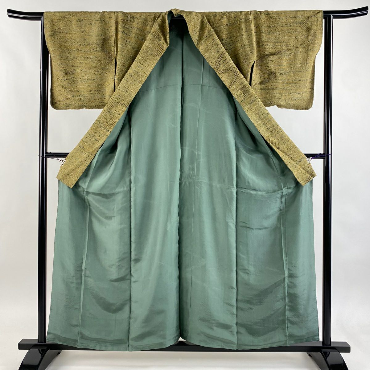 【美品】 小紋 身長158.5cm 袖長63cm S 雙層 霞 華紋 刺繡 茶綠 純蠶絲 逸品級