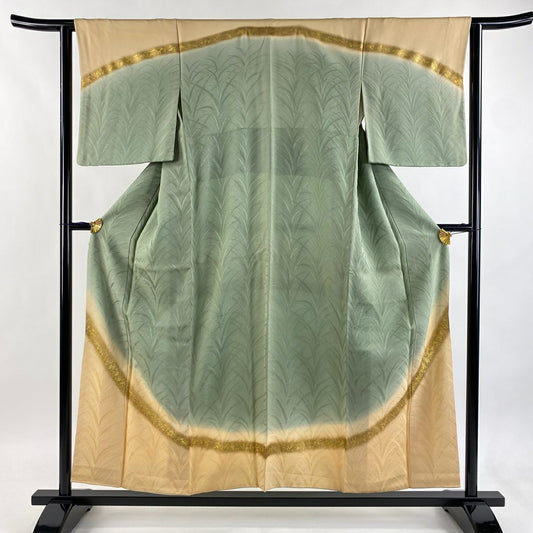 訪問服 身長154.5cm 袖長62.5cm S 雙層 北出與三郎 落款あり 地紋 染分 金銀彩 灰綠 純蠶絲 逸品級