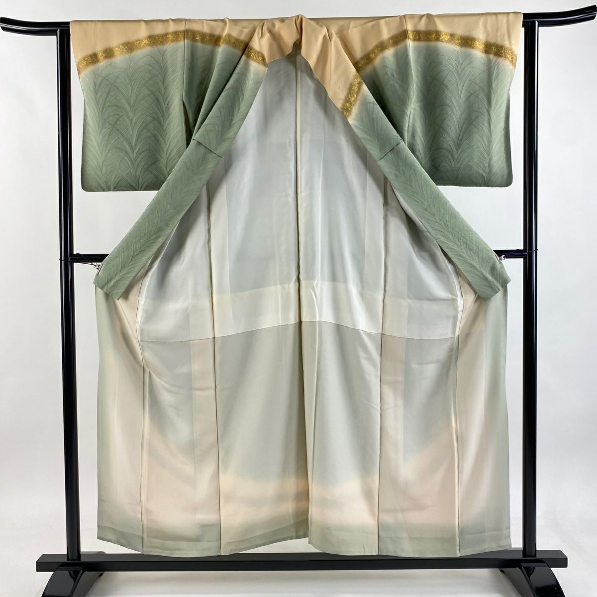 訪問服 身長154.5cm 袖長62.5cm S 雙層 北出與三郎 落款あり 地紋 染分 金銀彩 灰綠 純蠶絲 逸品級