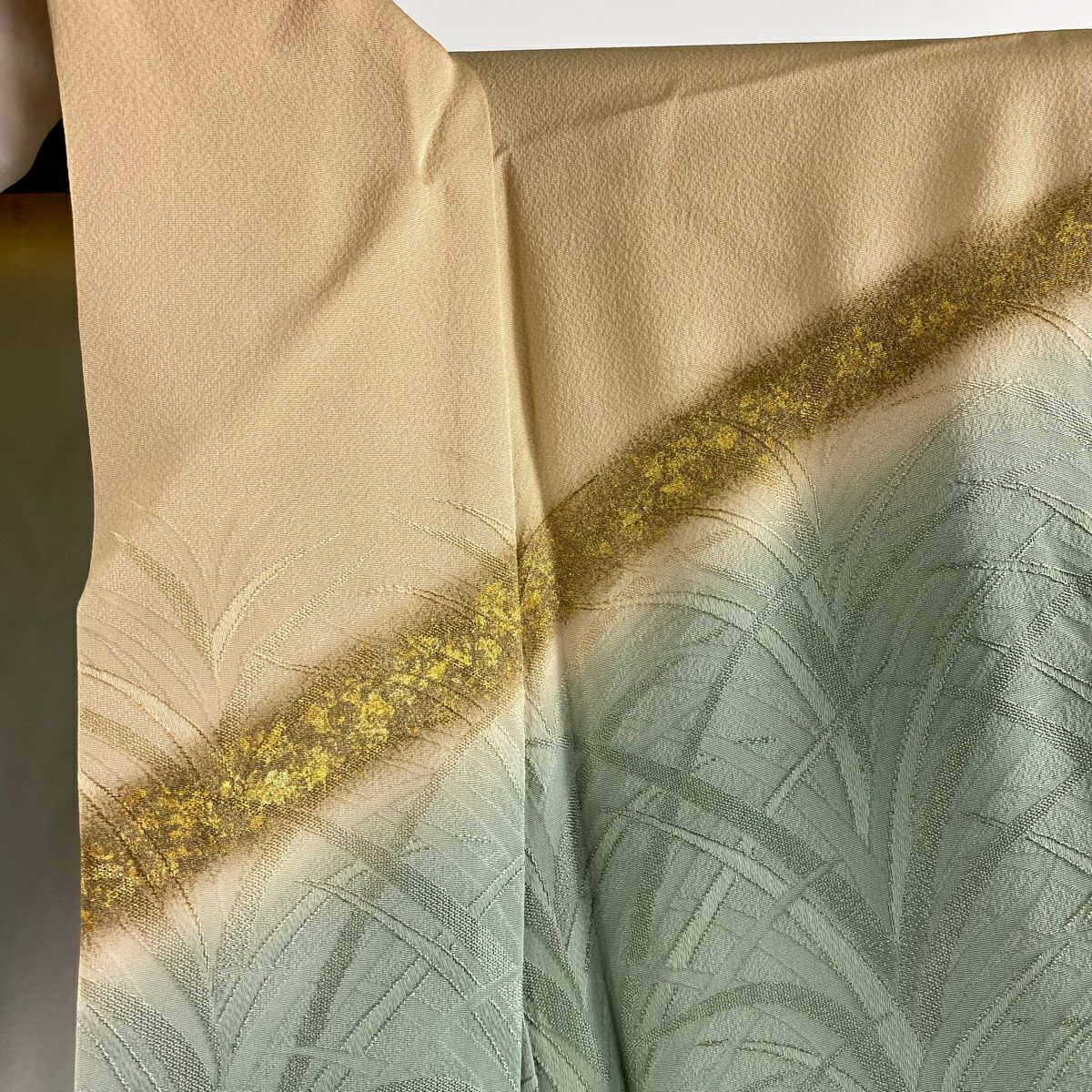 訪問服 身長154.5cm 袖長62.5cm S 雙層 北出與三郎 落款あり 地紋 染分 金銀彩 灰綠 純蠶絲 逸品級