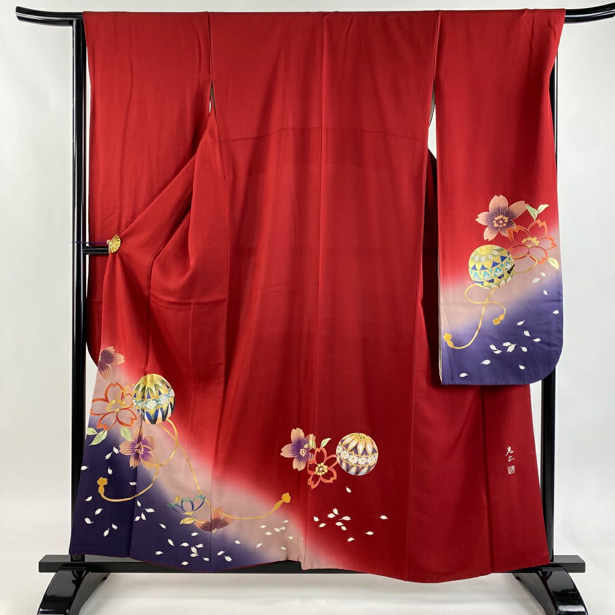 振袖禮服 身長157.5cm 袖長67cm M 雙層 和田光正 落款あり 手鞠 櫻花 金銀彩 漸層 紅 純蠶絲 逸品級