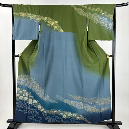 訪問服 身長157cm 袖長67cm M 雙層 櫻花 流水 金彩裝飾 染分 綠 純蠶絲 名品級