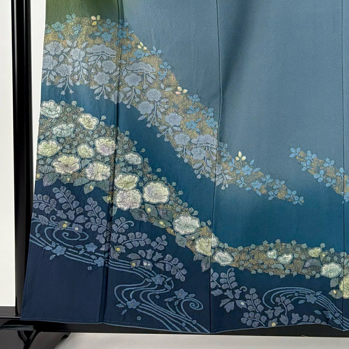 訪問服 身長157cm 袖長67cm M 雙層 櫻花 流水 金彩裝飾 染分 綠 純蠶絲 名品級