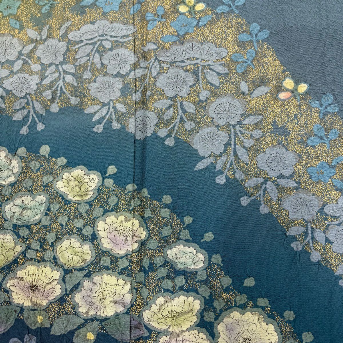 訪問服 身長157cm 袖長67cm M 雙層 櫻花 流水 金彩裝飾 染分 綠 純蠶絲 名品級