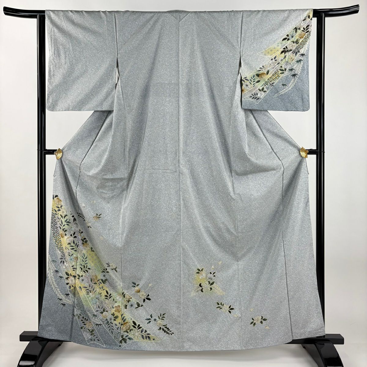 付下 身長164cm 袖長62cm S 雙層 紬織織 草花紋紋 灰 純蠶絲 名品級
