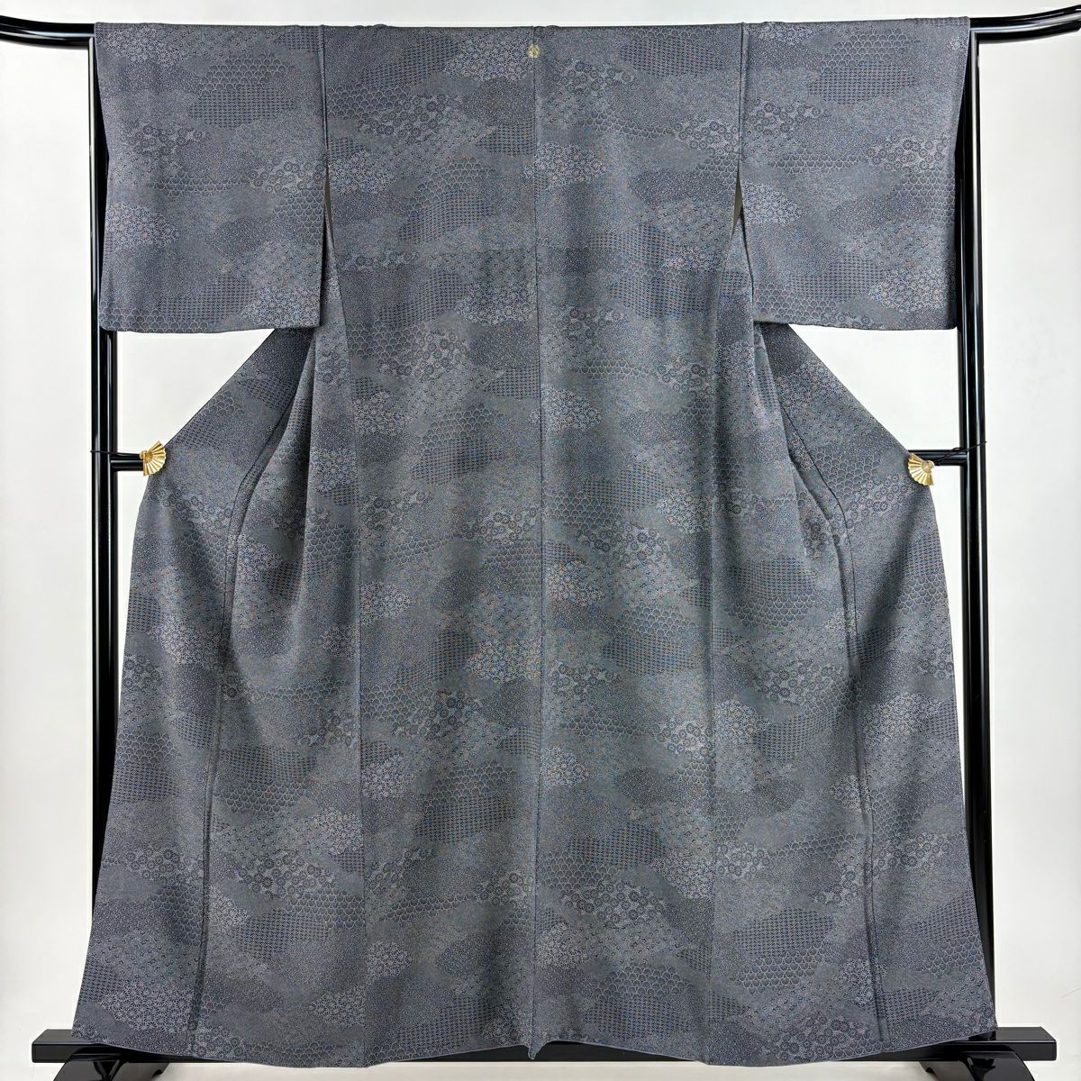 江戶小紋 身長156cm 袖長66.5cm M 雙層 菊花 菊花青海波 黑灰 純蠶絲 名品級 一つ紋