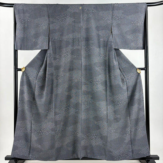 江戶小紋 身長156cm 袖長66.5cm M 雙層 菊花 菊花青海波 黑灰 純蠶絲 名品級 一つ紋