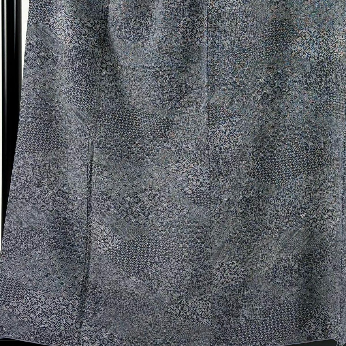 江戶小紋 身長156cm 袖長66.5cm M 雙層 菊花 菊花青海波 黑灰 純蠶絲 名品級 一つ紋