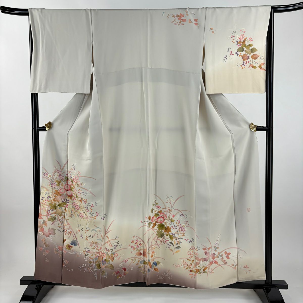 訪問服 身長157cm 袖長67cm M 雙層 落款 秋草 葡萄 金銀彩 漸層 灰茶 純蠶絲 名品級