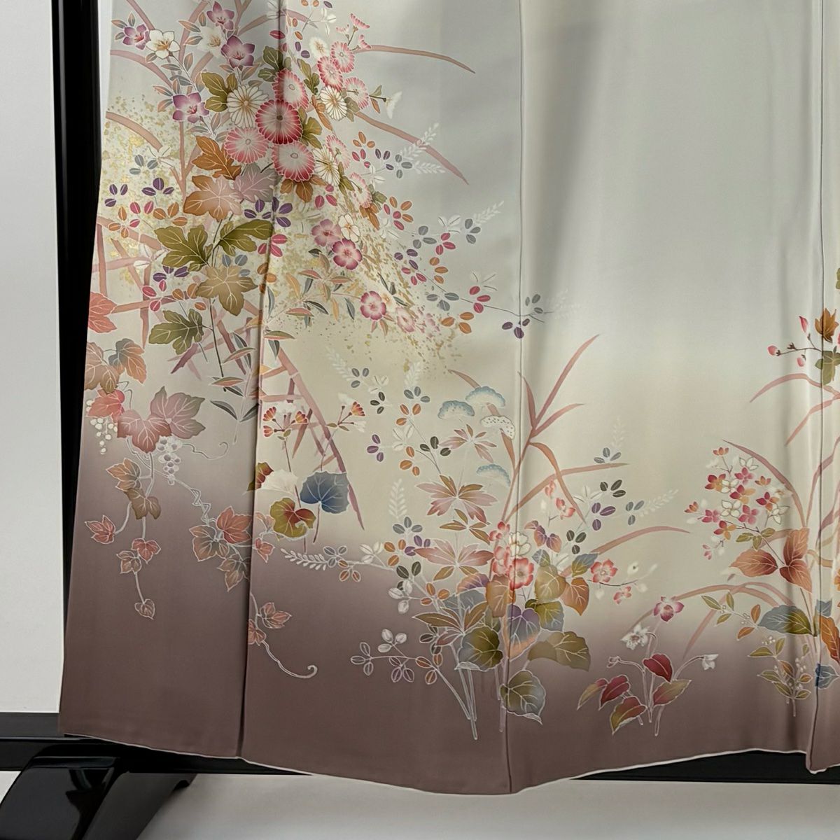 訪問服 身長157cm 袖長67cm M 雙層 落款 秋草 葡萄 金銀彩 漸層 灰茶 純蠶絲 名品級