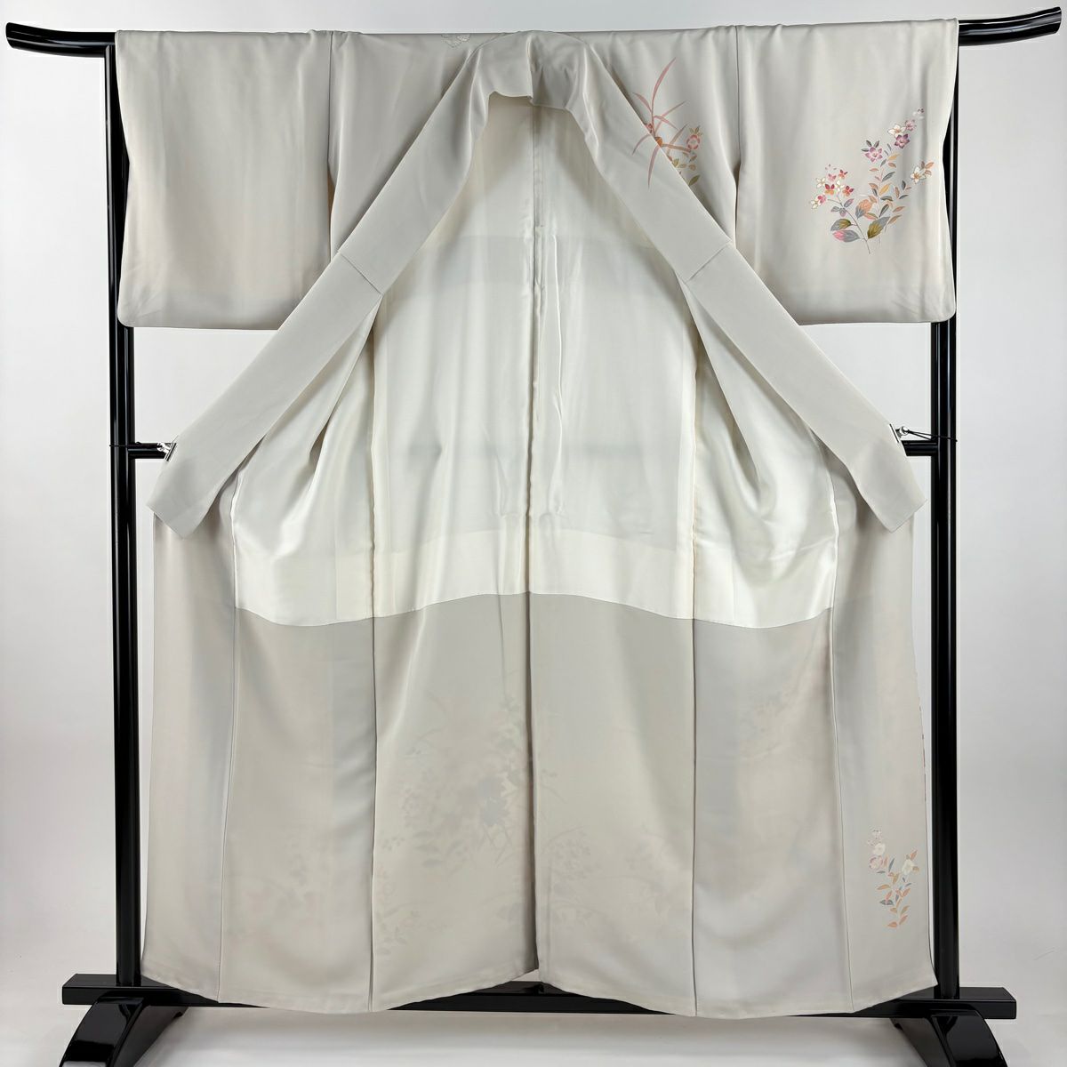 訪問服 身長157cm 袖長67cm M 雙層 落款 秋草 葡萄 金銀彩 漸層 灰茶 純蠶絲 名品級