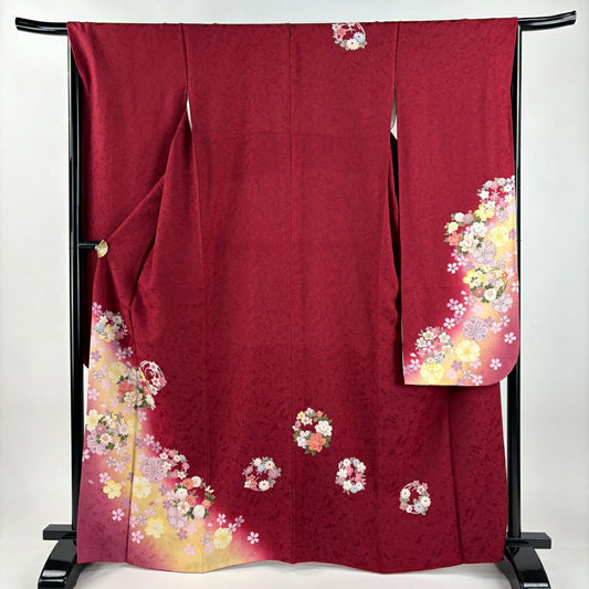 【美品】振袖禮服 身長165cm 袖長67.5cm L 雙層 花丸紋 櫻花 金銀彩 漸層 深紅 純蠶絲 名品級