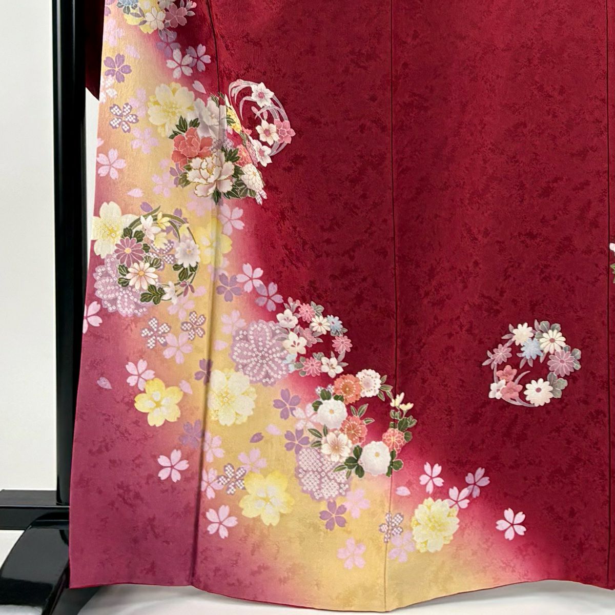 【美品】振袖禮服 身長165cm 袖長67.5cm L 雙層 花丸紋 櫻花 金銀彩 漸層 深紅 純蠶絲 名品級