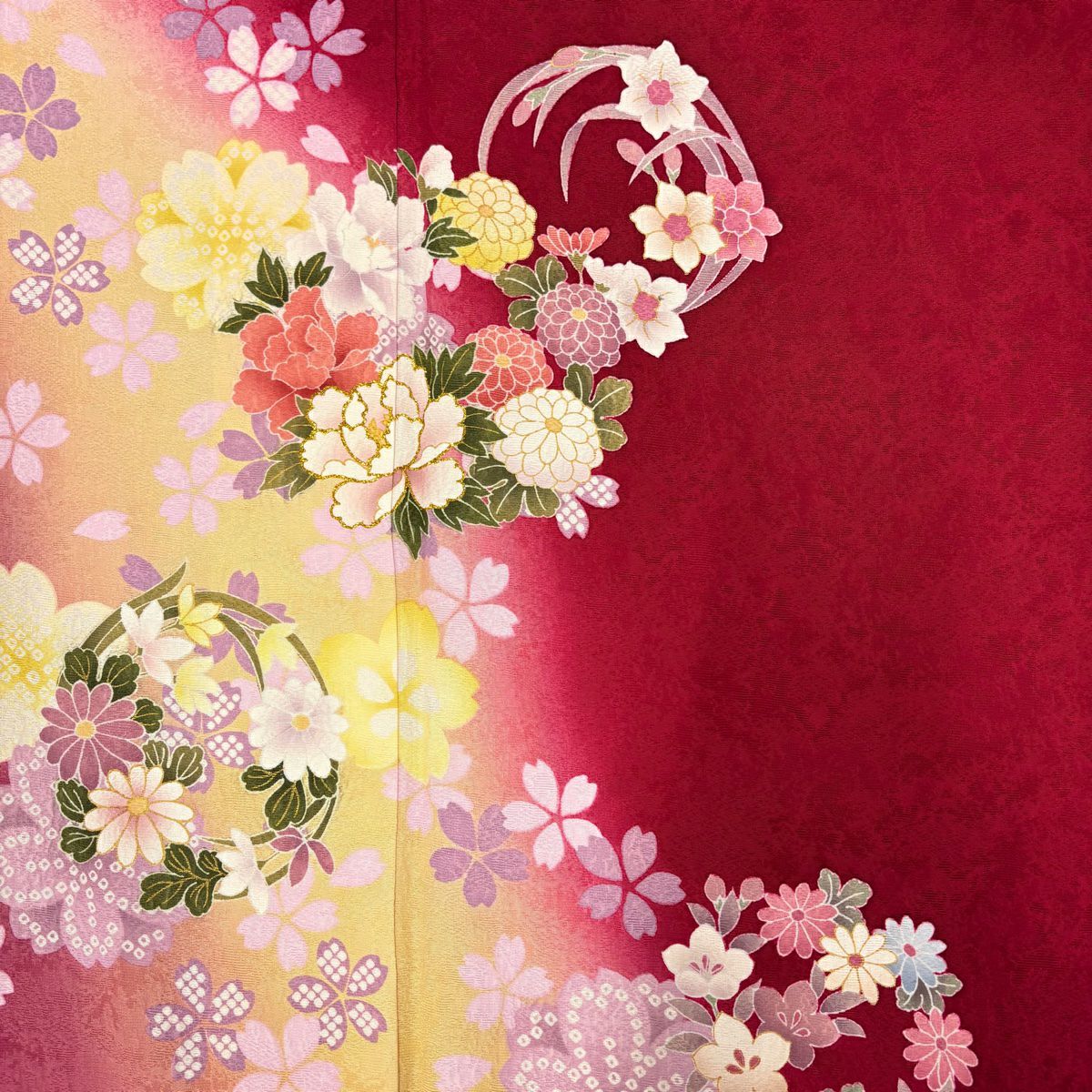 【美品】振袖禮服 身長165cm 袖長67.5cm L 雙層 花丸紋 櫻花 金銀彩 漸層 深紅 純蠶絲 名品級
