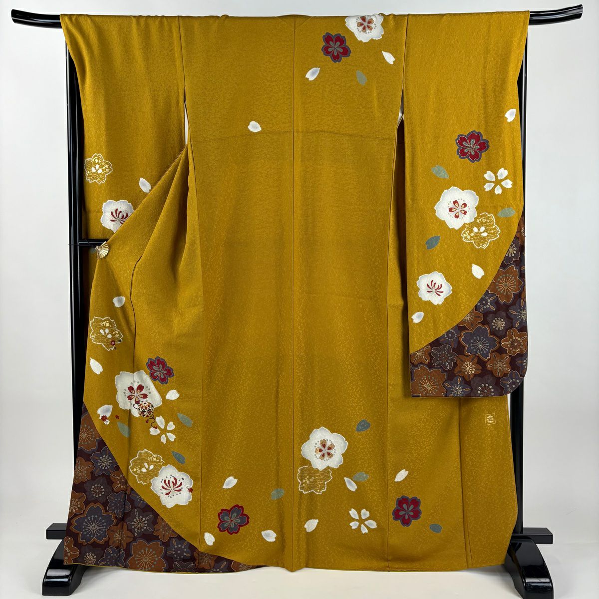 【美品】振袖禮服 身長167cm 袖長69.5cm L 雙層 櫻花 手毬 刺繡 金線 山吹茶 純蠶絲 名品級