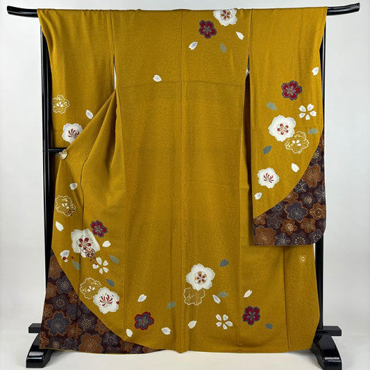 【美品】振袖禮服 身長167cm 袖長69.5cm L 雙層 櫻花 手毬 刺繡 金線 山吹茶 純蠶絲 名品級