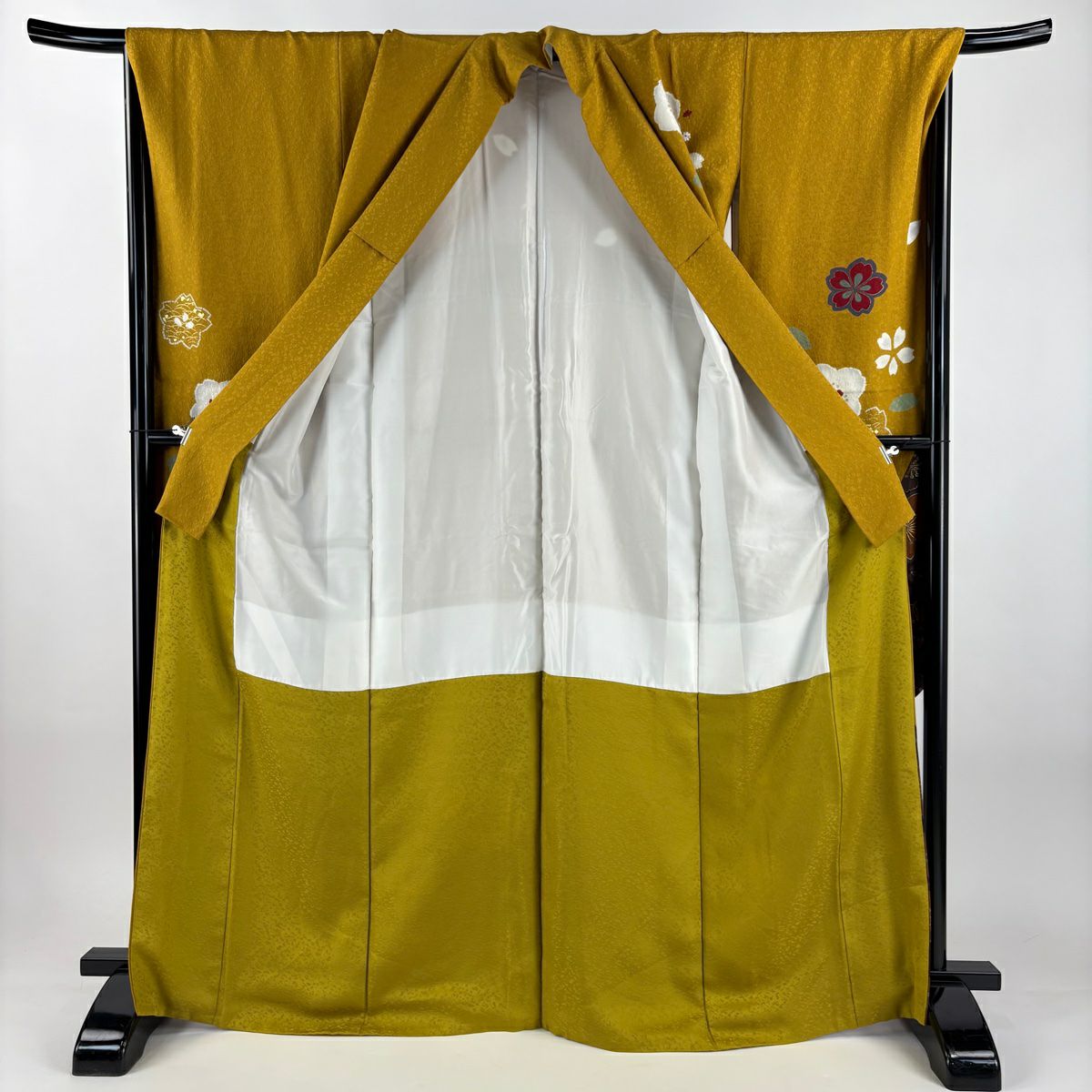 【美品】振袖禮服 身長167cm 袖長69.5cm L 雙層 櫻花 手毬 刺繡 金線 山吹茶 純蠶絲 名品級