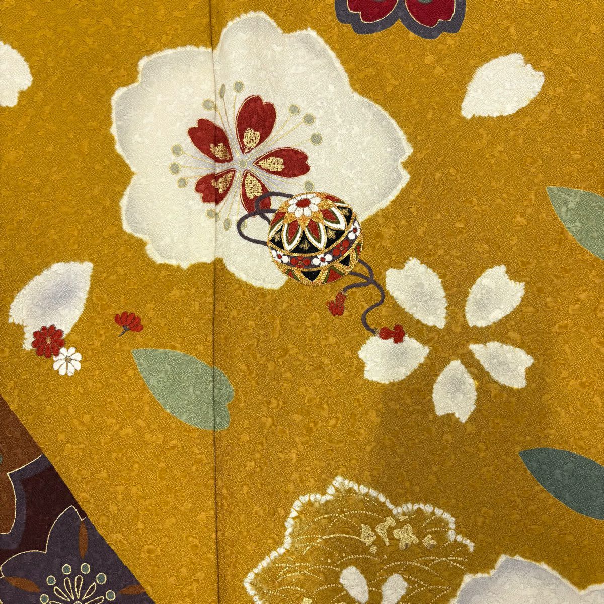 【美品】振袖禮服 身長167cm 袖長69.5cm L 雙層 櫻花 手毬 刺繡 金線 山吹茶 純蠶絲 名品級