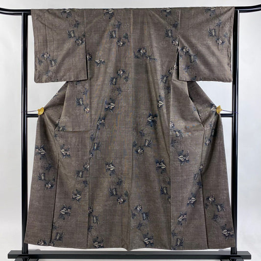 【美品】 大島紬織 身長155cm 袖長62cm S 雙層 都喜ヱ門 證書齊全 草花紋紋 純泥染 焦茶 正蠶絲 逸品級