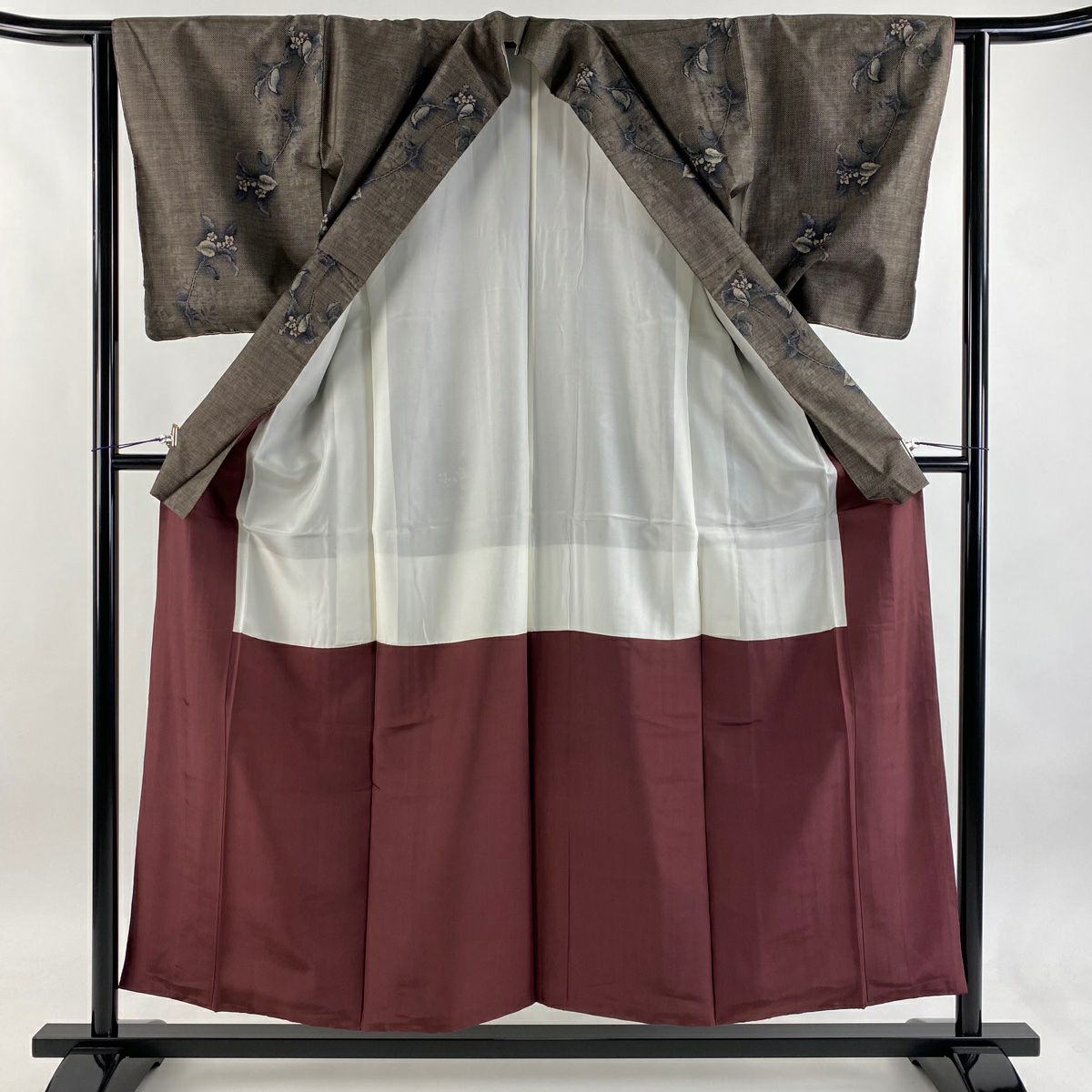 【美品】 大島紬織 身長155cm 袖長62cm S 雙層 都喜ヱ門 證書齊全 草花紋紋 純泥染 焦茶 正蠶絲 逸品級