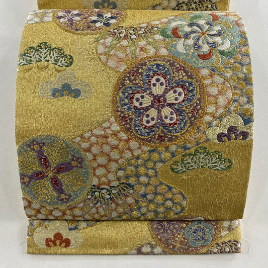 【美品】 袋帶 名品級 振袖禮服禮服用 松樹竹子梅花 流水 金絲 金金箔 金 六通 純蠶絲
