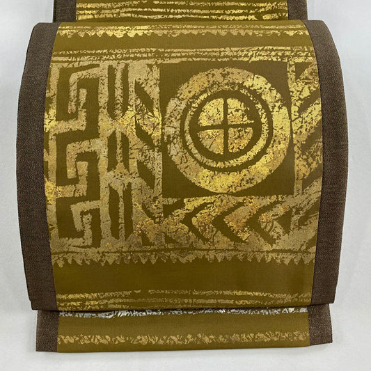 【美品】 袋帶 名品級 幾何學 金銀彩 山吹茶 純蠶絲