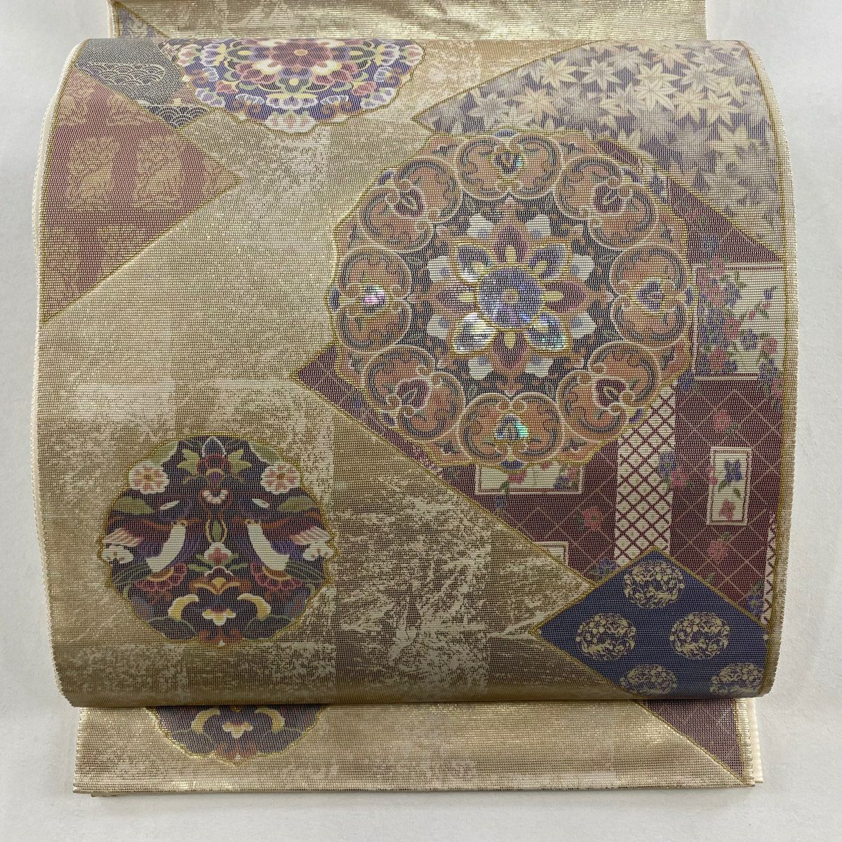 袋帶 名品級 華紋 向鳥 金金箔 金色 大鼓圖案 純蠶絲