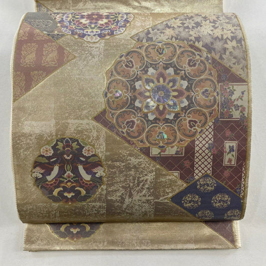 袋帶 名品級 華紋 向鳥 金金箔 金色 大鼓圖案 純蠶絲