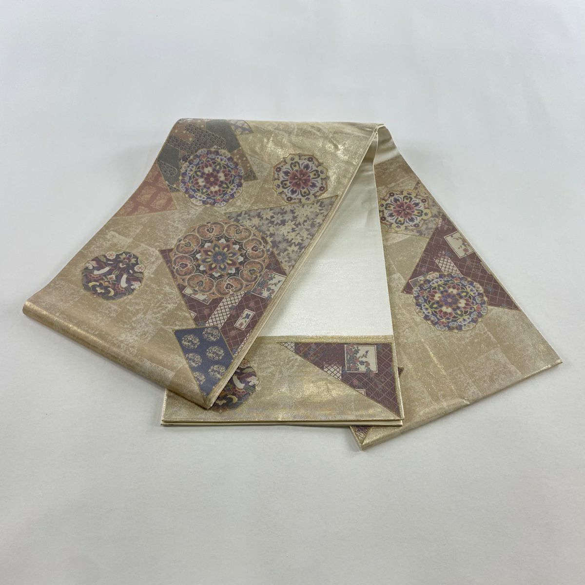 袋帶 名品級 華紋 向鳥 金金箔 金色 大鼓圖案 純蠶絲