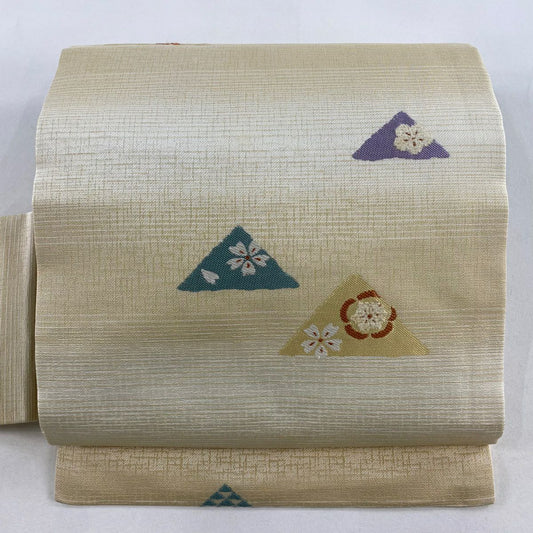 【美品】名古屋帶 名品級 條紋 櫻花 米色 純蠶絲
