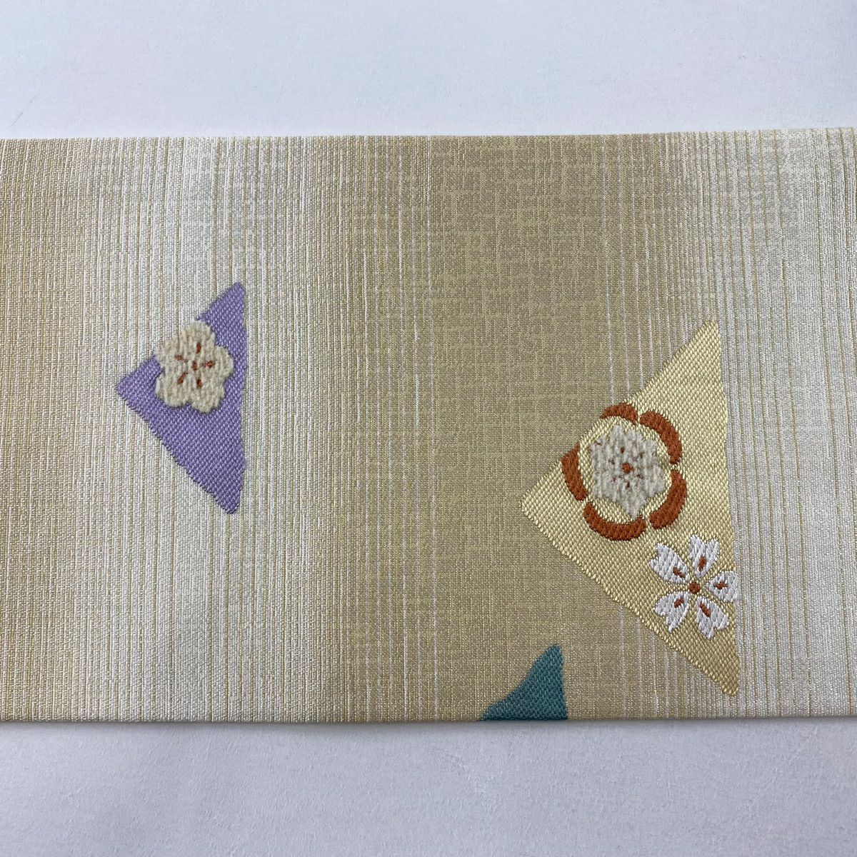 【美品】名古屋帶 名品級 條紋 櫻花 米色 純蠶絲