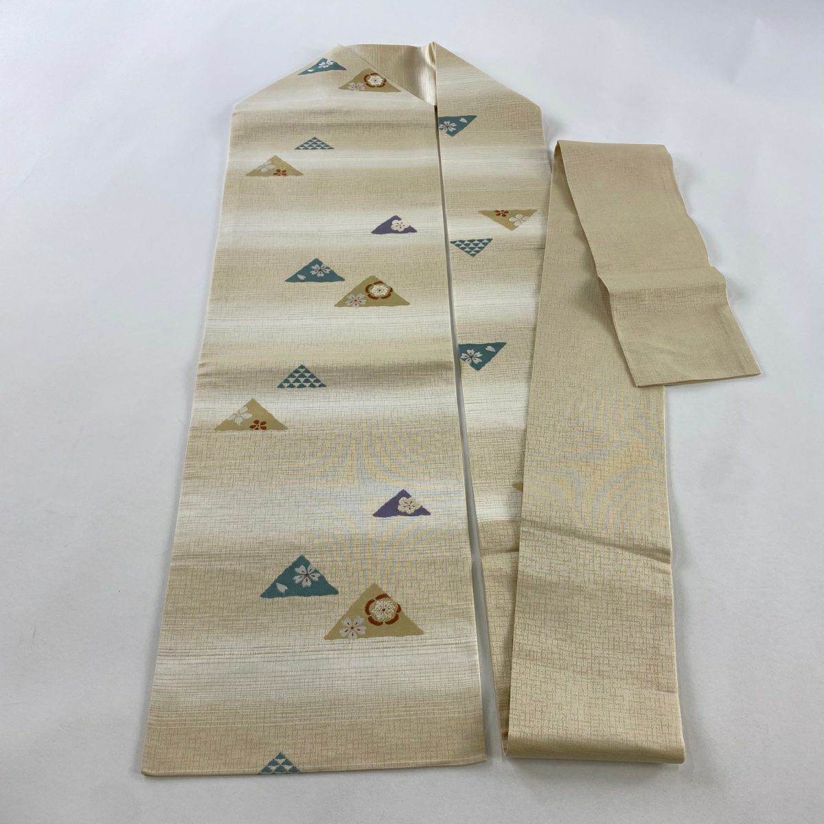 【美品】名古屋帶 名品級 條紋 櫻花 米色 純蠶絲