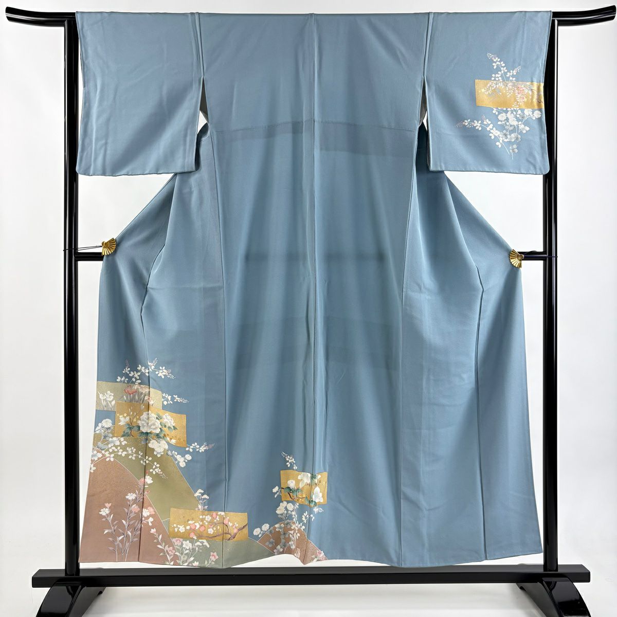 訪問服 身長154.5cm 袖長64.5cm M 雙層 牡丹 菖蒲 金銀彩 水色 純蠶絲 秀品級