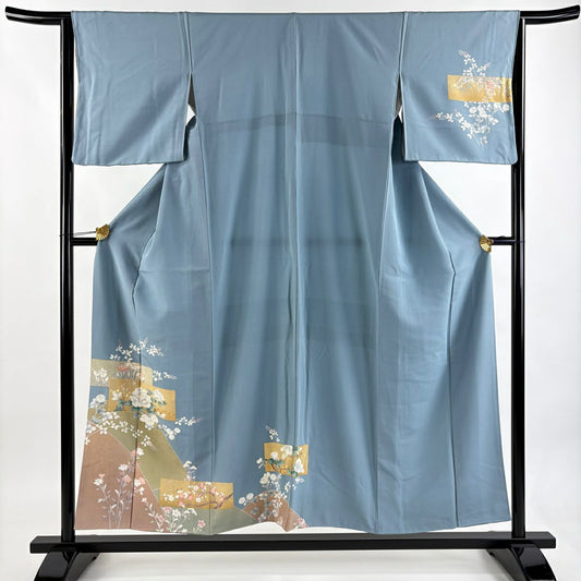 訪問服 身長154.5cm 袖長64.5cm M 雙層 牡丹 菖蒲 金銀彩 水色 純蠶絲 秀品級