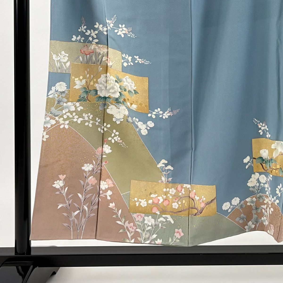 訪問服 身長154.5cm 袖長64.5cm M 雙層 牡丹 菖蒲 金銀彩 水色 純蠶絲 秀品級