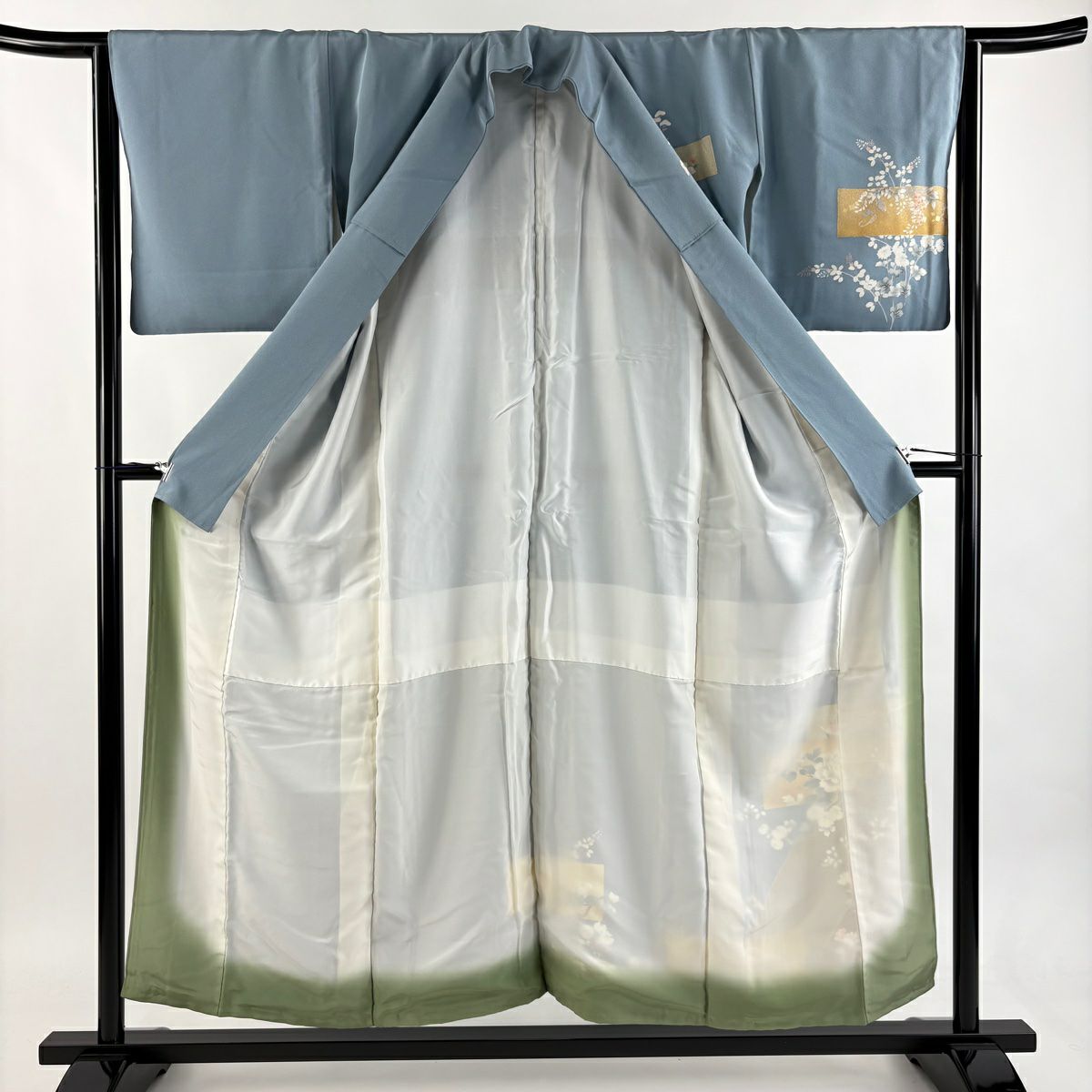 訪問服 身長154.5cm 袖長64.5cm M 雙層 牡丹 菖蒲 金銀彩 水色 純蠶絲 秀品級