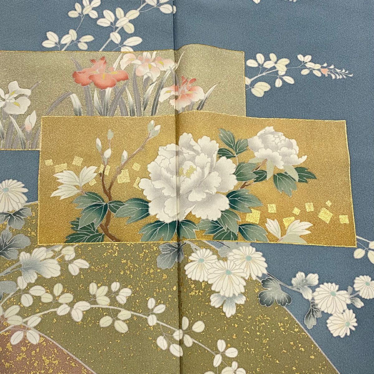 訪問服 身長154.5cm 袖長64.5cm M 雙層 牡丹 菖蒲 金銀彩 水色 純蠶絲 秀品級