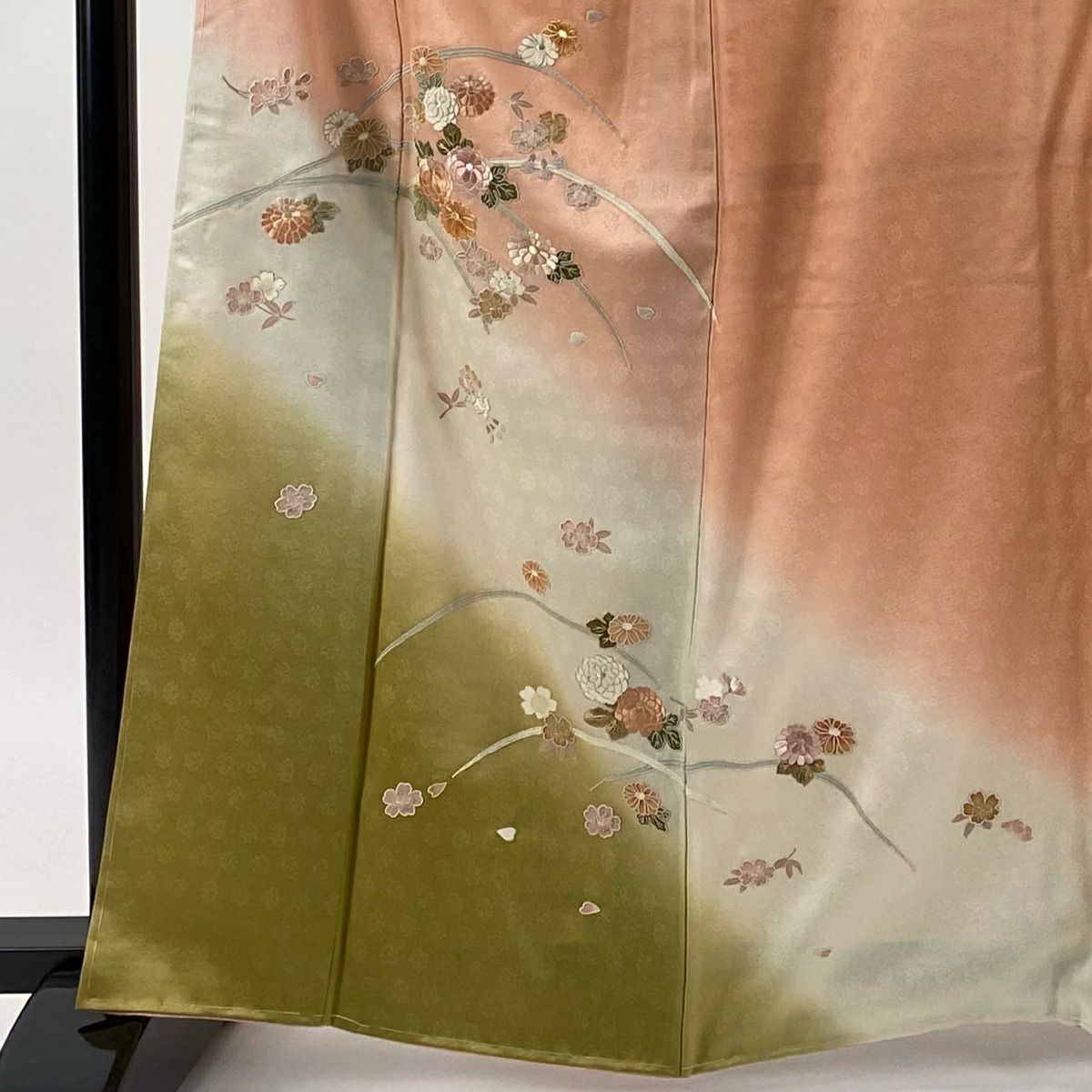 【美品】訪問服 身長164cm 袖長64cm M 雙層 菊花 櫻花 刺繡 金銀彩 淺粉色 純蠶絲 優品級