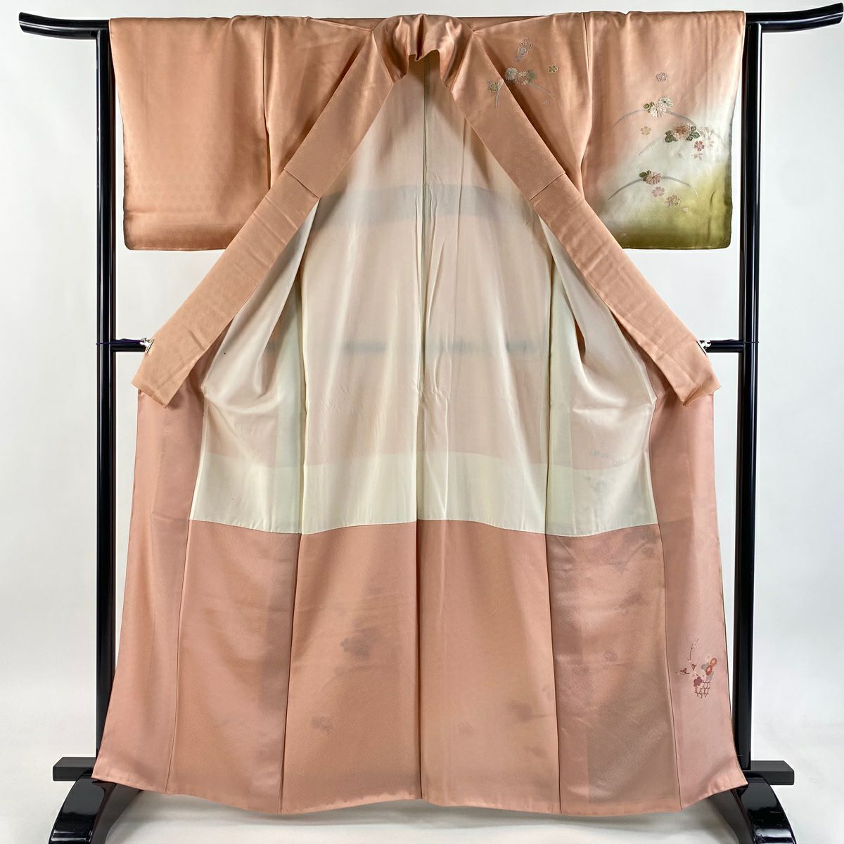 【美品】訪問服 身長164cm 袖長64cm M 雙層 菊花 櫻花 刺繡 金銀彩 淺粉色 純蠶絲 優品級