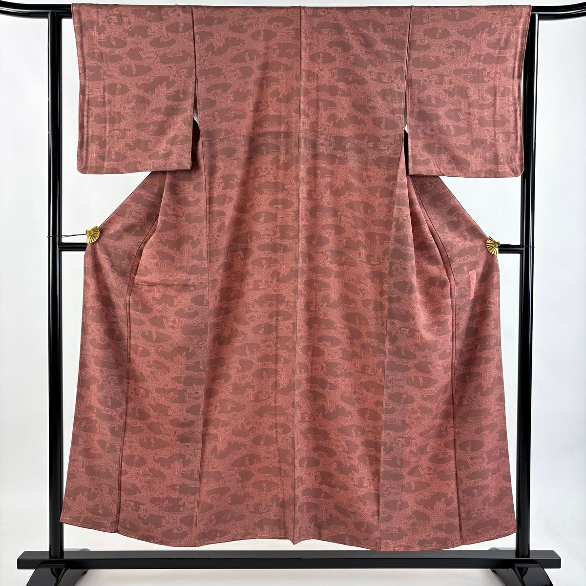 【美品】 江戶小紋 身長152.5cm 袖長63cm S 雙層 六谷紀久男 落款あり 人物 樽 小豆 純蠶絲 秀品級