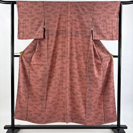 【美品】 江戶小紋 身長152.5cm 袖長63cm S 雙層 六谷紀久男 落款あり 人物 樽 小豆 純蠶絲 秀品級