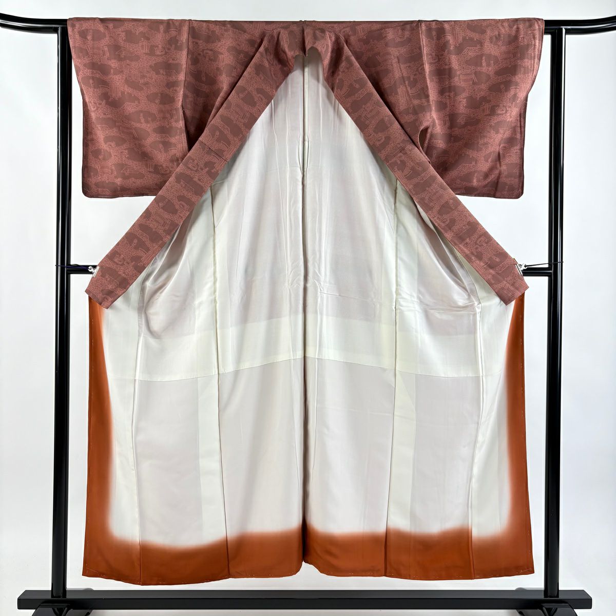 【美品】 江戶小紋 身長152.5cm 袖長63cm S 雙層 六谷紀久男 落款あり 人物 樽 小豆 純蠶絲 秀品級